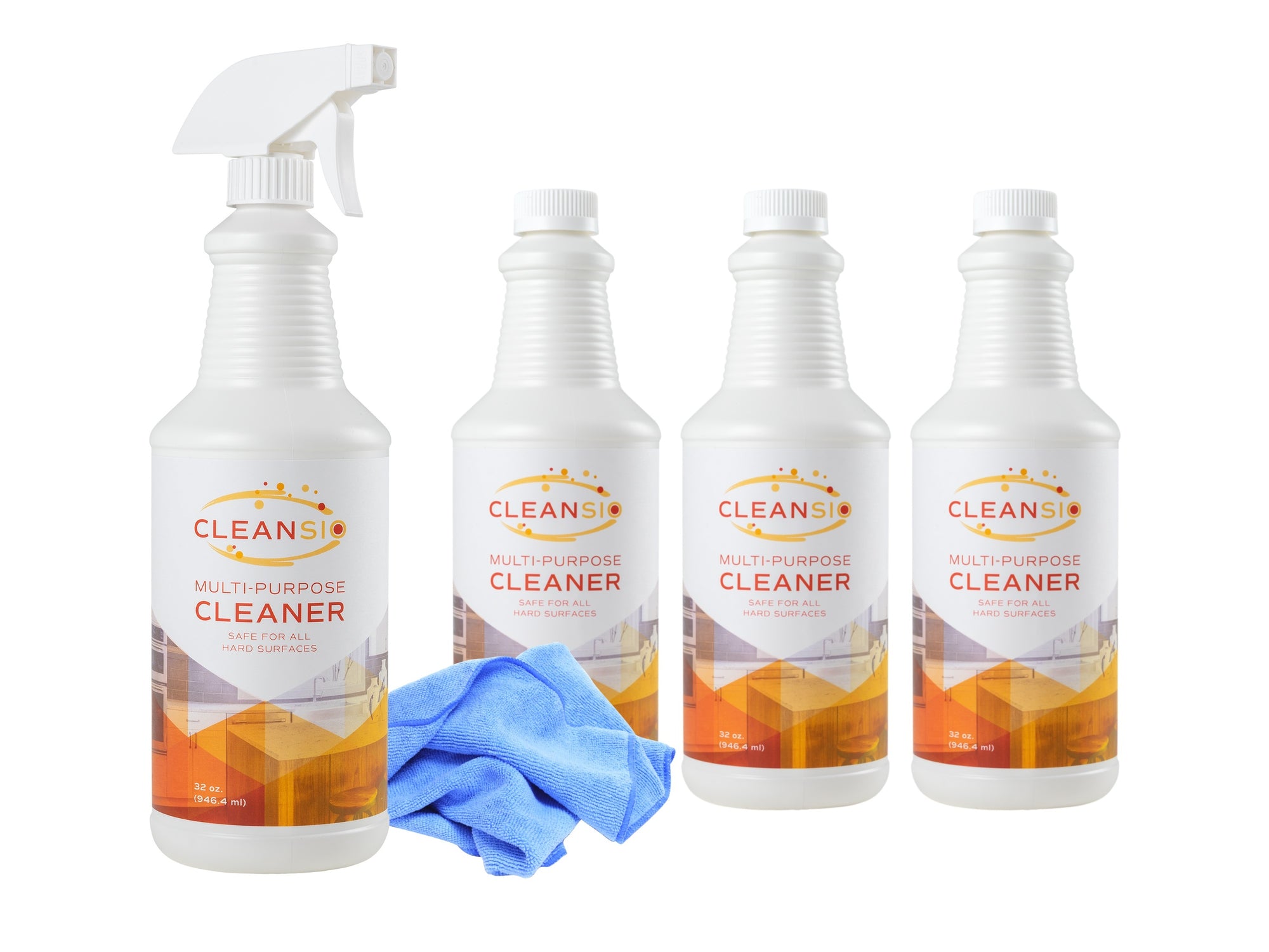 Cleansio Multi-Purpose Cleaner Family Bundle – Fragrance Free, 32 oz – 4 pack, Sprayer Nozzle, and Microfiber Towel